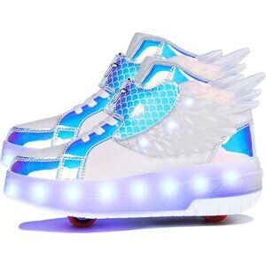 Kid's Girls Blue USB Chargable LED Lighting Roller Wheeled Skate Sneaker Shoes